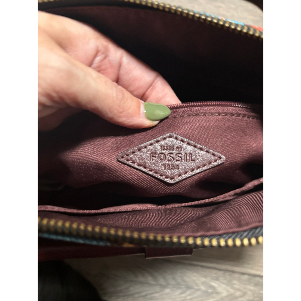 Fossil Kinley Crossbody Bag Boho Print Canvas Leather Multi Textile Burgundy OS - Picture 14 of 16